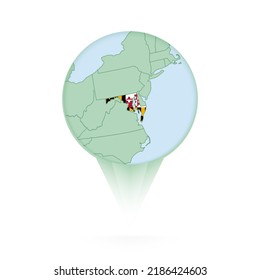 Maryland map, stylish location icon with Maryland map and flag. Green pin icon.