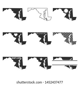 Maryland Map. Symbol Icon Set. Flat Vector Art Design. Clip Art Logo Collection.