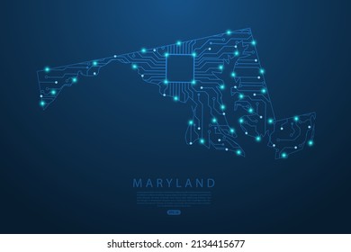 Maryland Map - United States of America Map vector with Abstract futuristic circuit board. High-tech technology mash line and point scales on dark background - Vector illustration ep 10 