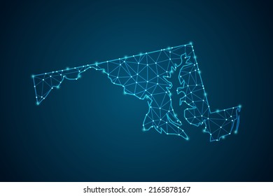 Maryland Map - USA Map mash line and point scales on blue technology background. Wire Frame 3D mesh polygonal network line, design sphere, dot and structure -  Vector illustration eps 10