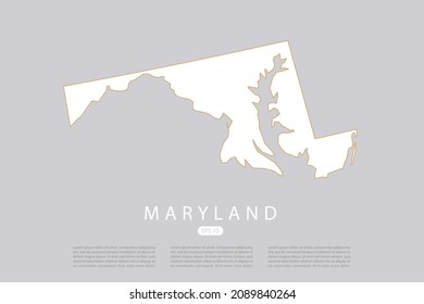 Maryland Map - USA, United States Of America Map Vector Template With White Color And Thin Gold Outline Graphic Sketch Style Isolated On Grey Background - Vector Illustration Eps 10