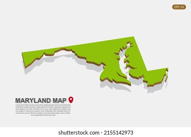 Maryland Map - USA, United States of America Map vector template with isometric style including shadow, green and brown color isolated on white background - Vector illustration eps 10