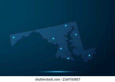 Maryland Map - USA, United States of America Map vector template with dots, halftone style and light, network line, design sphere on blue technology background -  Vector illustration ep 10