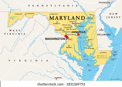 Maryland, MD, political map. State in the Mid-Atlantic region of the United States of America. Capital Annapolis. Old Line State. Free State. Little America. America in Miniature. Illustration. Vector