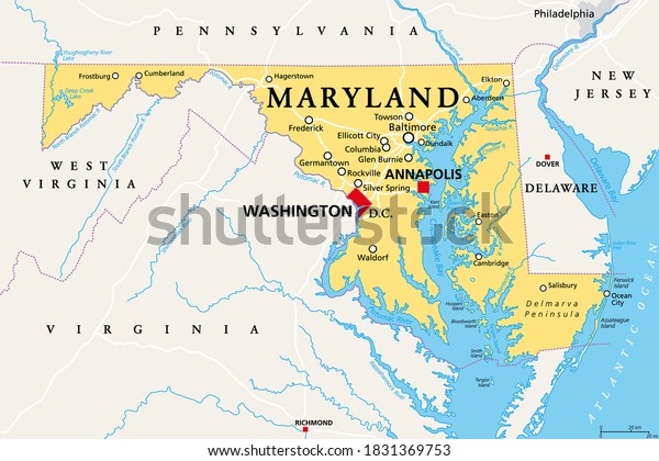 メリーランド州 メリーランド州 政治地図 アメリカ合衆国の中大西洋地域の州 首都アナポリス 古い線の状態 Free State のベクター画像素材 ロイヤリティフリー