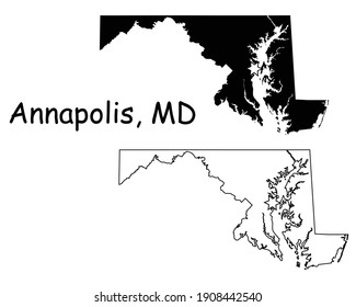 Maryland MD state Map USA with Capital City Star at Annapolis. Black silhouette and outline isolated on a white background. EPS Vector