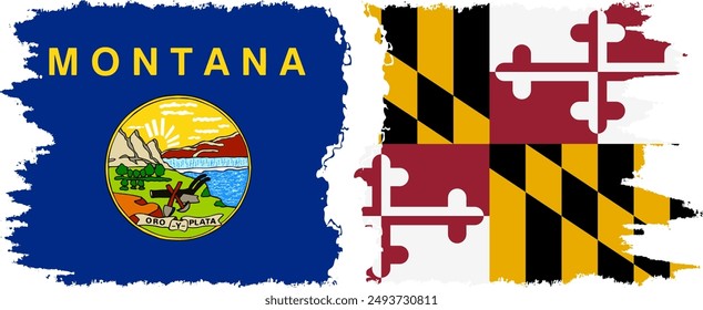 Maryland and Montana states grunge brush flags connection, vector