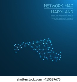 Maryland network map. Abstract polygonal Maryland network map design with glowing dots and lines. Map of Maryland networks. Vector illustration.