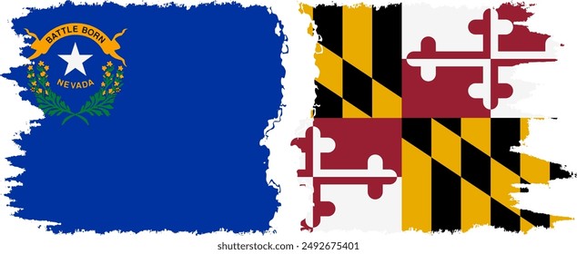 Maryland and Nevada states grunge brush flags connection, vector