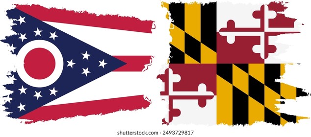 Maryland and Ohio states grunge brush flags connection, vector