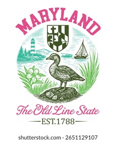 Maryland The Old Line State - US State Vintage T-shirt Vector, USA States Cityscape Landmark Icons, American State Typography Shirt, USA Skyline Clipart, Retro travel city illustration
