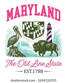 Maryland The Old Line State - Estados Unidos Estado Cityscape T-shirt Vetor, Ícones americanos de referência, Vintage Estados Cityscape Camisa, Retro Travel City Art, Estados Citações de referência, Estado de férias Ilustração