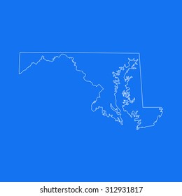 Maryland outline map, stroke. Line style. White and blue. Vector EPS8