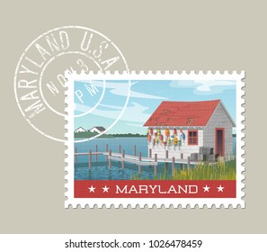 Maryland postage stamp design. Vector illustration of fishing shack, colorful buoys and pier at waters edge. Grunge postmark on separate layer.