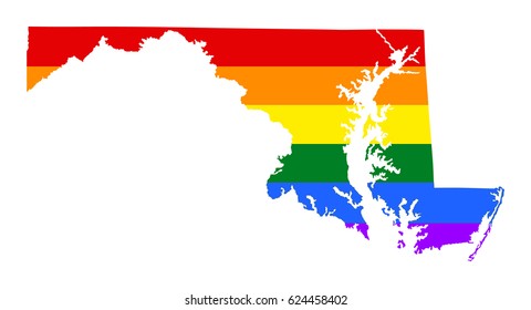 Maryland pride gay vector map with rainbow flag colors. United States of America. Gay flag over Maryland state map. Rainbow flag. 