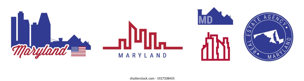 Maryland real estate agency. US realty emblem icon set. Flat vector illustration. American flag colors. Big city and suburbs. Simple silhouette map in the round seal stamp.