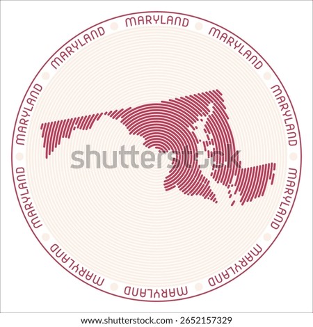 Maryland round logo design. State shape built of rings. Maryland text around the state. Vector Illustration.