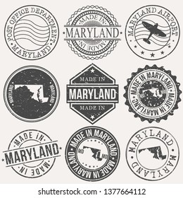 Maryland Set of Stamps. Travel Stamp. Made In Product. Design Seals Old Style Insignia.