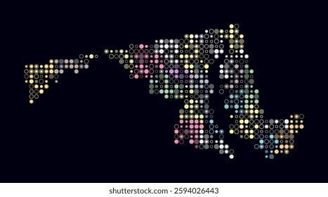 Maryland, shape of the state built of colored cells. Digital style map of Maryland on a dark background. Small size circle blocks. Beautiful vector illustration.