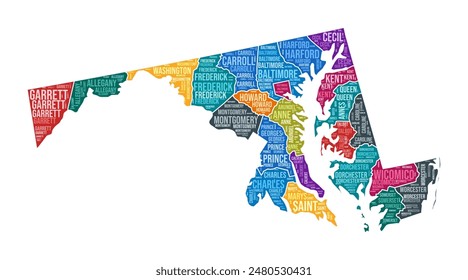 In: Maryland Shape. Staatswortwolke mit County Division. Farbige Illustration aus Maryland. In: County names cloud. Vektorillustration.