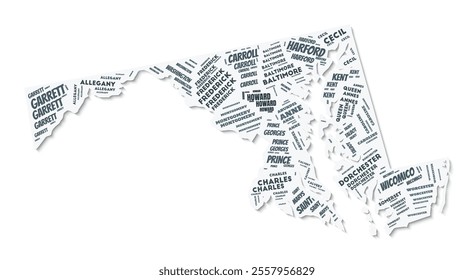 Maryland shape text cloud. State border with shadow on white background. Maryland with counties division in vintage gazette style. Beautiful vector illustration.