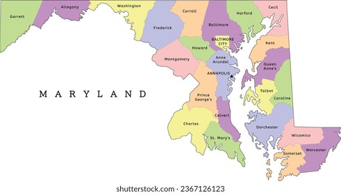 Maryland state administrative map with counties. Clored. Vectored. Bright colors