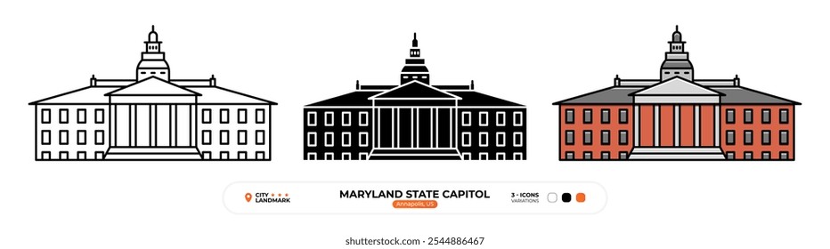 Icono de la línea del Capitolio del estado de Maryland. Annapolis, Símbolo De Color De Los Ee.Uu., Signo Del Chill Out, Trazo Editable.