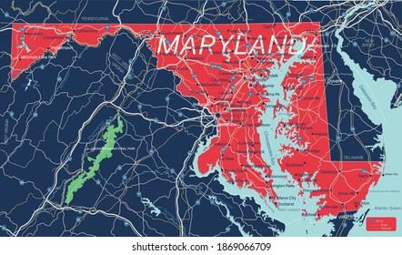 Maryland state detailed editable map with cities and towns, geographic sites, roads, railways, interstates and U.S. highways. Vector EPS-10 file, trending color scheme