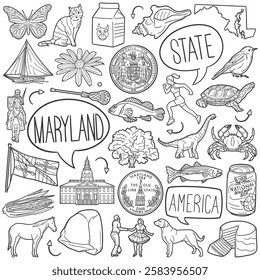 Maryland State Doodle Icons Black and White Line Art. United States Clipart Hand Drawn Symbol Design.