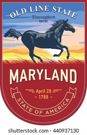 Maryland state emblem, horse, sunrise on a red background