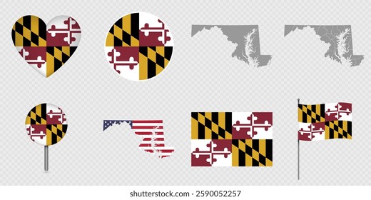 Maryland State Flags and Maps Icon Pack. Vector illustration.