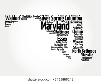 Maryland - a state located in the Mid-Atlantic region of the United States, word cloud silhouette concept background