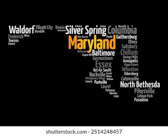 Maryland - a state located in the Mid-Atlantic region of the United States, word cloud silhouette concept background