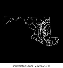 Mapa del estado de Maryland con los condados. Ilustración vectorial.