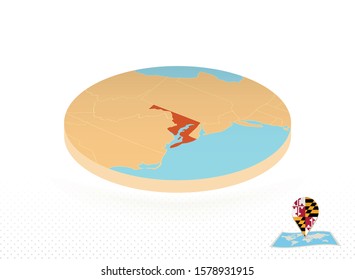 Maryland state map designed in isometric style, orange circle map of US state Maryland for web, infographic and more.