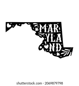 Maryland state map with doodle decorative ornaments. For printing on souvenirs and T-shirts