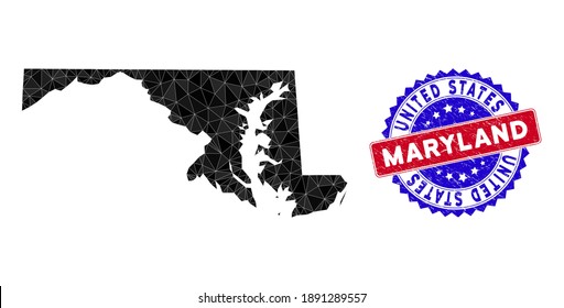 Maryland State map polygonal mesh with filled triangles, and scratched bicolor seal. Triangle mosaic Maryland State map with mesh vector model, triangles have randomized sizes, and positions,