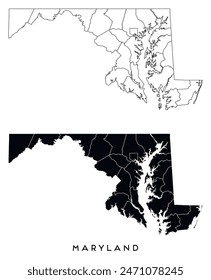 Mapa de regiones del estado de Maryland distritos Vector negro sobre blanco y contorno