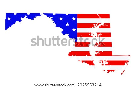 Maryland state map vector silhouette illustration. United States of America flag over Maryland map. USA, American national symbol of pride and patriotism. Vote election campaign banner.
