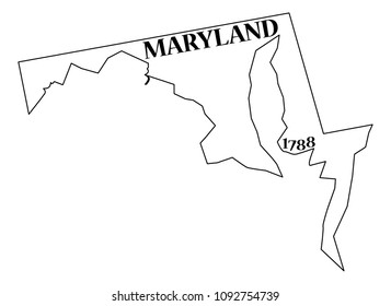A Maryland state outline with the date of statehood isolated on a white background 