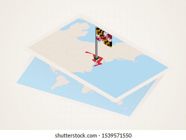 Maryland state selected on map with isometric flag of Maryland. Vector paper map.
