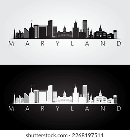 Maryland state skyline and landmarks silhouette, black and white design. Vector illustration.