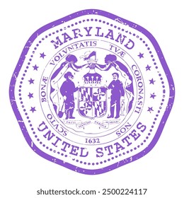 Maryland state stamp with seal, USA travel stamp, shabby postmark of Maryland, vector