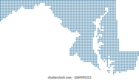 Maryland state of USA map dots vector outline illustration in blue background. Dotted map of Maryland state of United States of America. Creative pixel art map with highly detailed border 