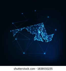 Maryland state USA map glowing silhouette outline made of stars lines dots triangles, low polygonal shapes. Communication, internet technologies concept. Wireframe futuristic vector illustration