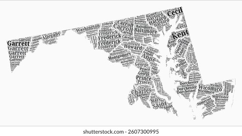 Maryland Text Style Counties. State region names word clouds in English language. Classy vector illustration.