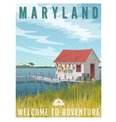 Maryland, United States Travel Poster Or Sticker. Retro Style Vector Illustration Of Fictional Fishing Shack With Crab Traps And Buoys.