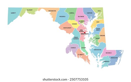 Maryland, U.S. state, colored political map with county names and capital Annapolis. State in the New England region of Northeastern USA, subdivided into 23 counties and independent City of Baltimore.