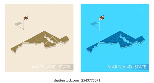 Maryland US state flag installed on geographic positioning map point of country territory. Maryland commonwealth banner on land and sea. Festive patriotic HD format template for accession joining day