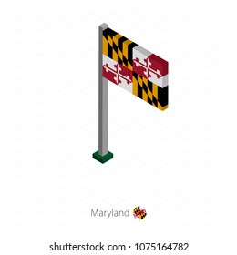 Maryland US state flag on flagpole in isometric dimension. Isometric blue background. Vector illustration.